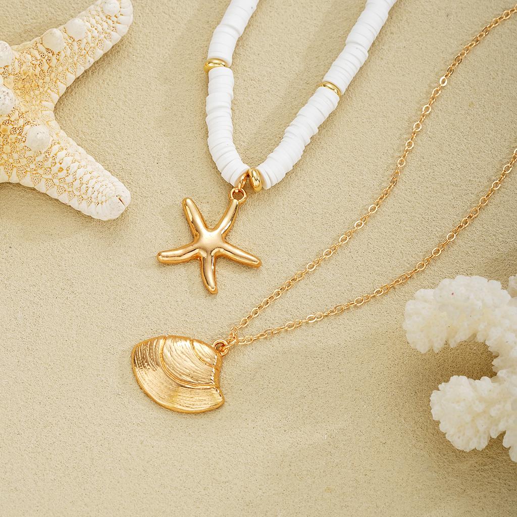 Dvoudílná sada módního náhrdelníku z měkké keramiky ve tvaru hvězdice a mušle, bosenský plážový prázdninový styl, vrstvený řetízek na klíční kost