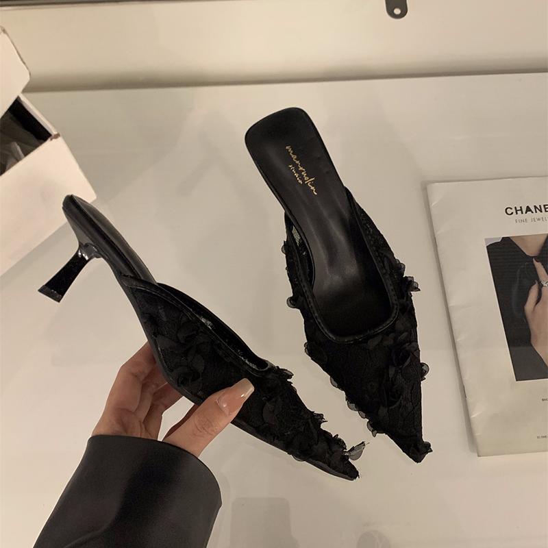

Летняя женская мода Мюли на высоком каблуке Элегантные туфли-слайды с закрытым носком Кружево для платья Женские туфли для танцев, вечеринок, выпускного вечера 40 чёрный