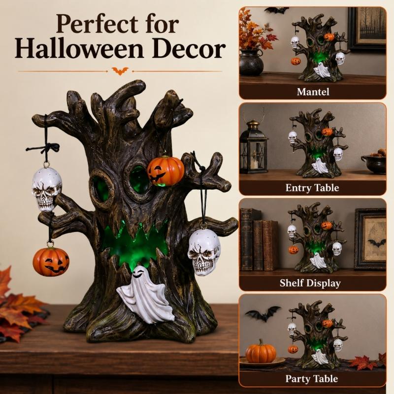 Open Center Halloween Resin Figure with Interior Light, Freestanding Piece for Shelf Table Home and Office Holiday Use in Seasonal Styling