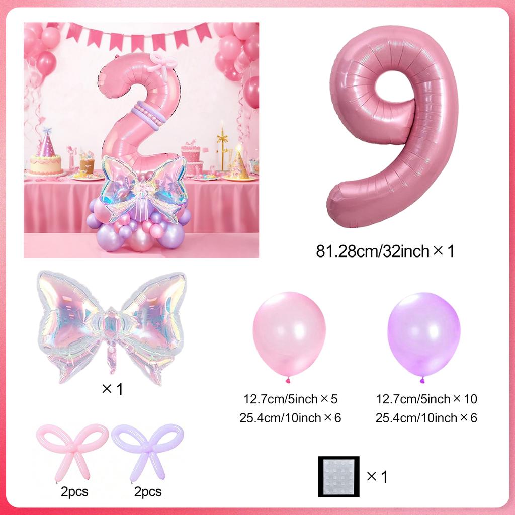Rainbow Transparent Colorful Bow Balloon Set with 32 inch Pink Digital Balloon 0-9 for Anniversary Birthday Party Decoration