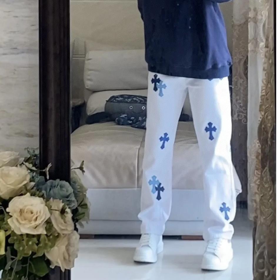 7705 CHROME HEARTS Men's and Women's American Style Trendy Jeans with Fabric Patches, Casual and Fashionable High Street Pants