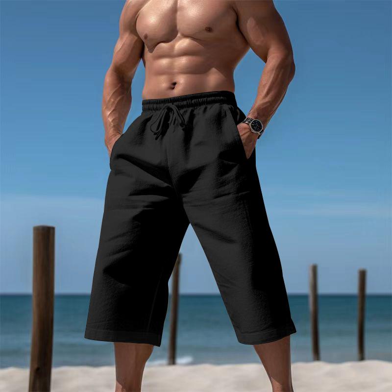 Breathable Lightweight Men Linen Cropped Capri Pants, Elastic Waist Drawstring Wide Leg 7/8 Shorts, Multi Color Casual Beach Pocket Trousers