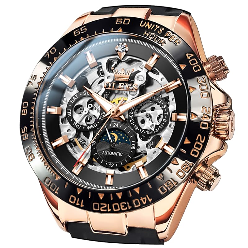 

OLEVS Men s Automatic Skeleton Watch with Date Display, Waterproof, Luminous Diamonds, Fashion Business Watch in Rose Gold