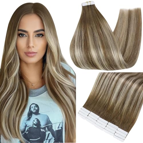 Extensiones de Cabello Cinta Doble Cara Invisible Cabello Chino Remy Rubio Dorado/Miel Liso Suave Sedoso