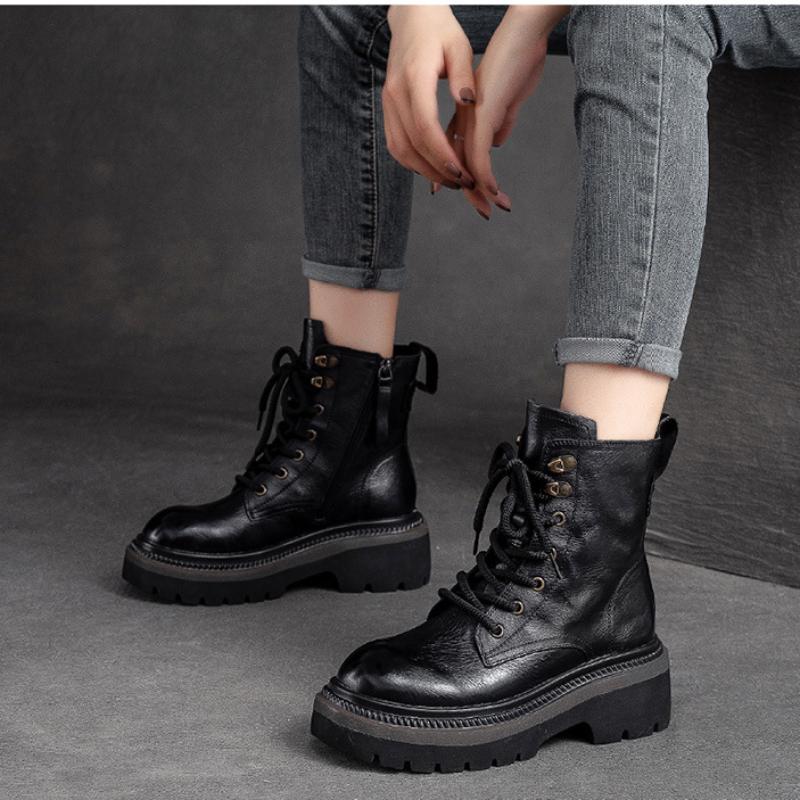 Johnature Thick Sole Vintage Boots Side Zipper Genuine Leather Short Boots Fashion Versatile Women Shoes