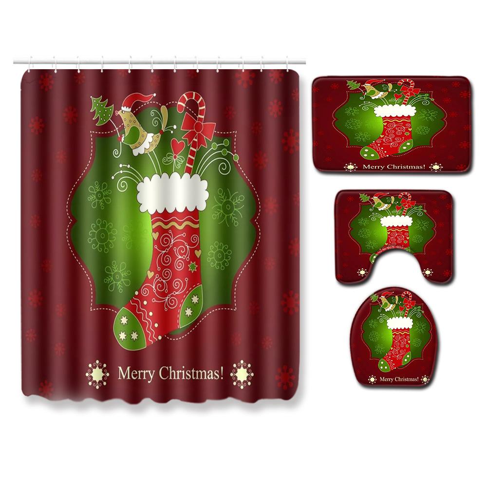 Christmas Bathroom Non-Slip Doormat Bathroom Waterproof Shower Curtain Toilet Floor Mat Four-Piece Shower Room Absorbent Carpet