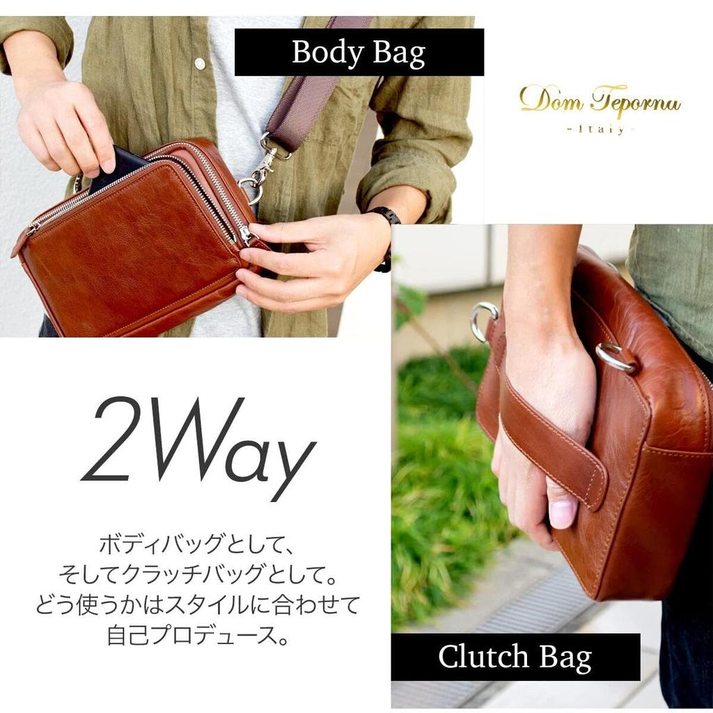 [Dom Teporna] Men's Body Bag, Genuine Italian Leather, Compact, 2-Way (Vertical, Horizontal, Front, Clutch, Shoulder, Crossbody), Dark Brown