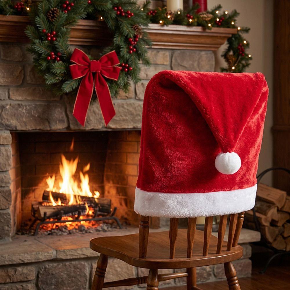 Cartoon Christmas Chair Covers Removable Comfortable Red Chair Back Cover Washable Christmas Hat Plush Stool Covers Banquet