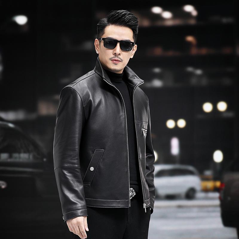 Novas jaquetas de couro genuíno para outono e inverno, jaquetas masculinas de pele de carneiro, jaquetas de couro para motocicleta, roupas masculinas de negócios