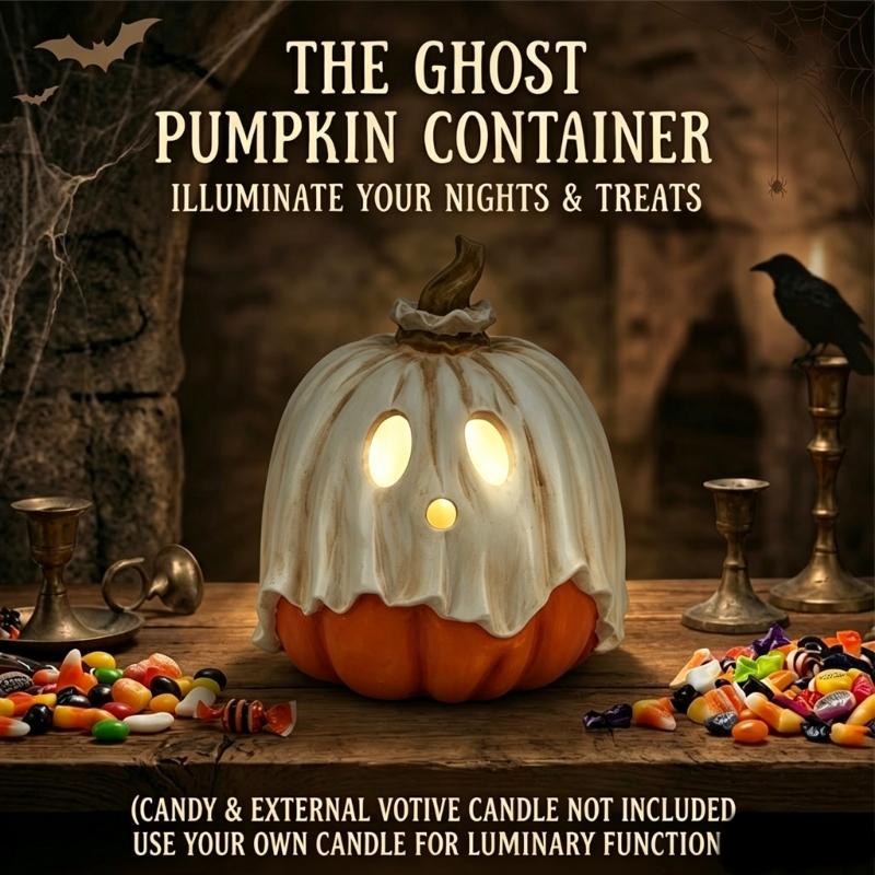 Halloween Candy Display Bowl with Lid for Shelf Entry Display and Party Sweet Serving for Home Styling, 30Cm/11.8Inch Pumpkin Face Resin Candle Stand