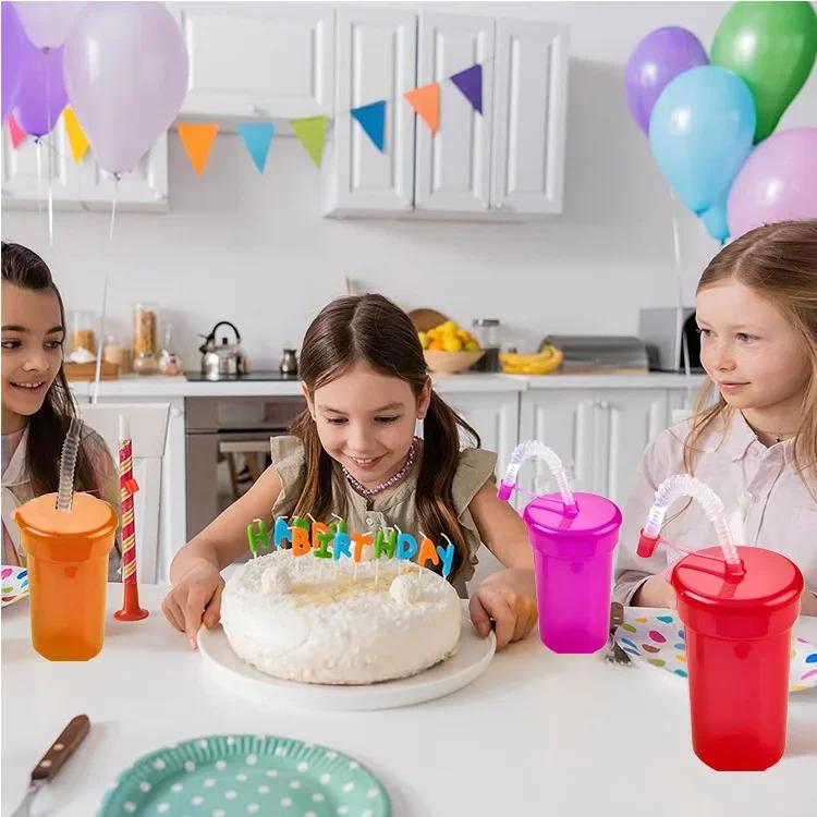 1/2/4Sets Expandable Siphon Straw Cup 6 Color Plastic Juice Mug with Leakproof Lid Portable Travel Home Kids Water Bottle Cup