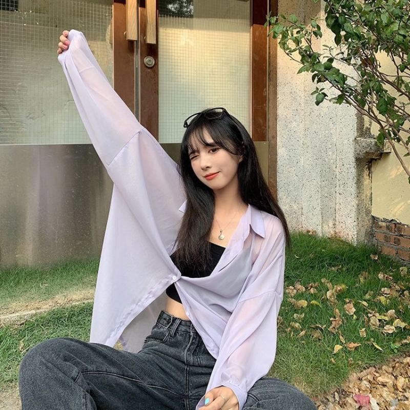WTEMPO Chiffon Shirt Women Summer Thin Sun Protection Shirt Solid Casual Top StreetWear Versatile Shirt Vintage Female Clothing