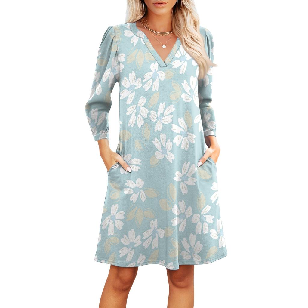 Women's Fashion V-neck Casual Beach Dress Three-quarter Sleeves Floral Print Dress