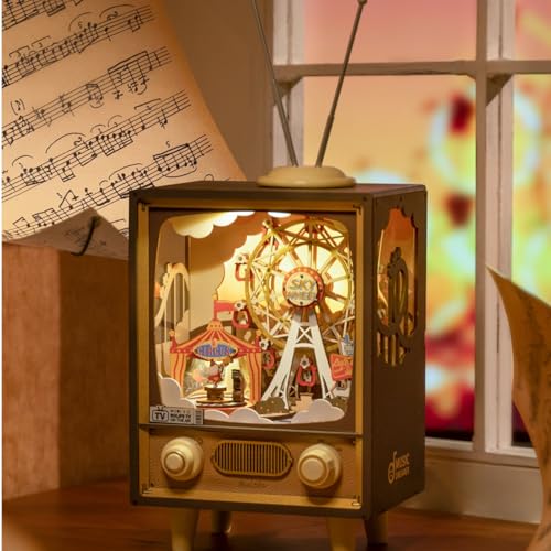 Tsukurundesu® 3D Wooden Puzzle Amusement Park Series (Sunset Park) with Japanese Instructions, Music Box, Retro TV