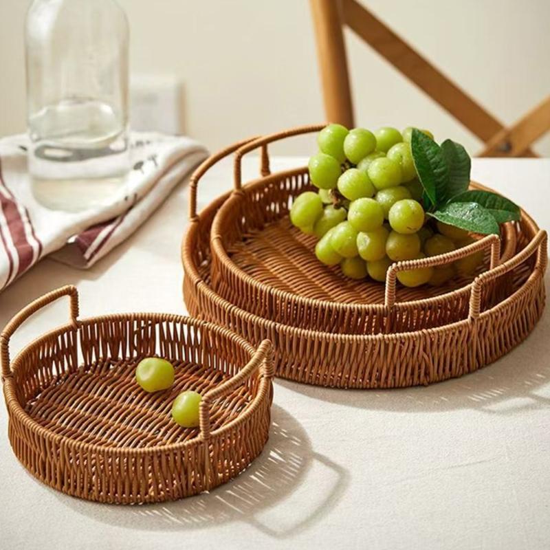 Portable PP Handwoven Look Serving Tray With Easy Carry Handles For Dining Table Decoration