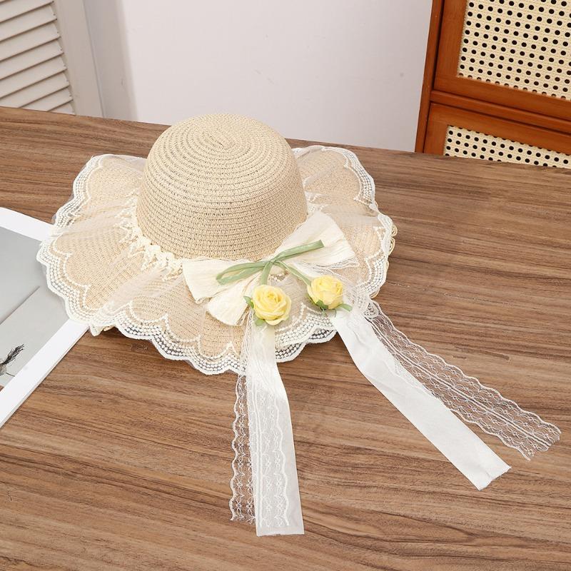 Summer Bow Sun Hat Female, Seaside Beach Vacation Sun Hat Outdoor Big Brim Sun Hat Sweet Straw Hat