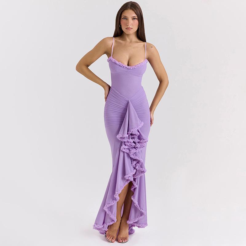 Women's New Style Temperament Sexy Backless Mesh Suspender Long Skirt Solid Color Slim Dress