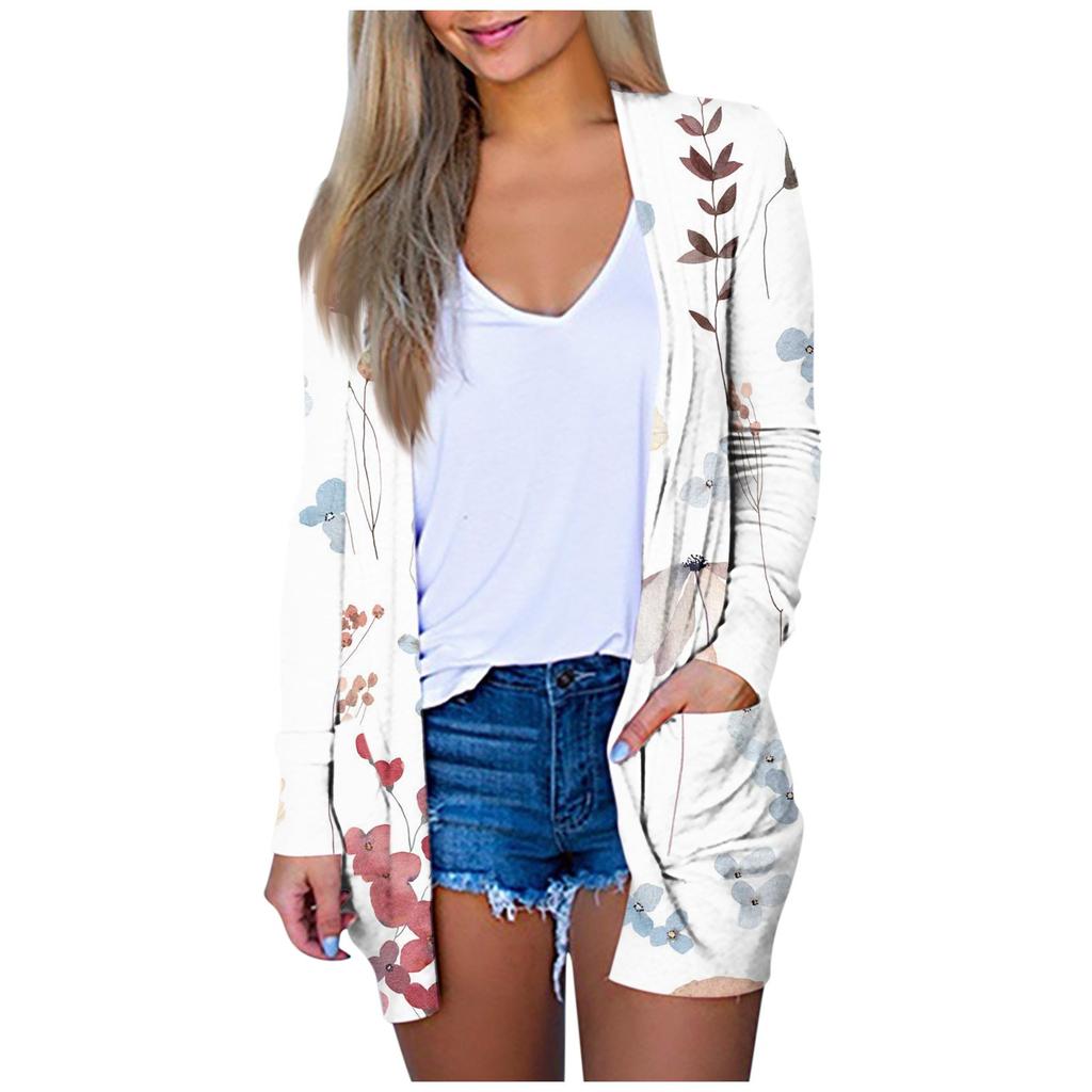 Women's Fashion Loose Casual Pocket Flower Print Long Sleeve Cardigan Jacket Tops