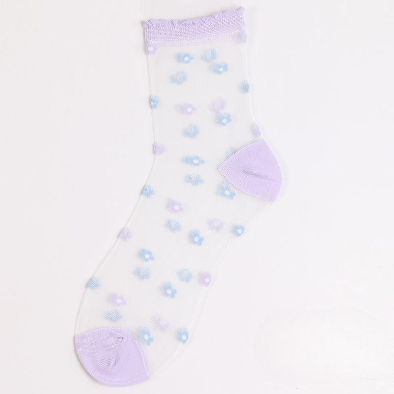 

Женские весенне-летние тонкие дышащие прохладные носки из стекловолокна с милым цветочным узором, устойчивые к зацепкам, шелковистые, хрустальные 1 pair фиолетовый