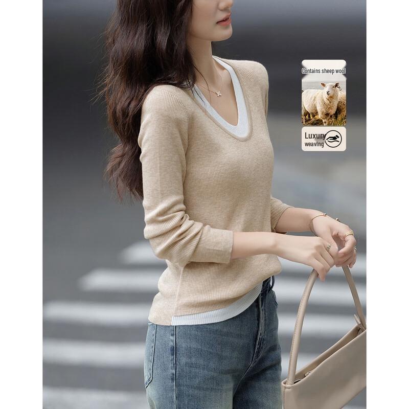 

Demana Women s Merino Wool Blend Color Block V-Neck Mock Two-Piece Knit Sweater L