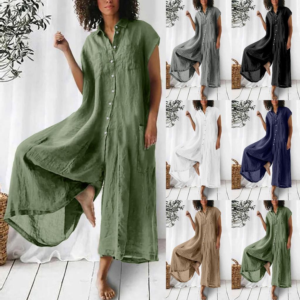 Women's Solid Color Three Quarter Sleeve Collared Button Down Linen Wide Leg Jumpsuit Casual Spring Long Romper With Pockets
