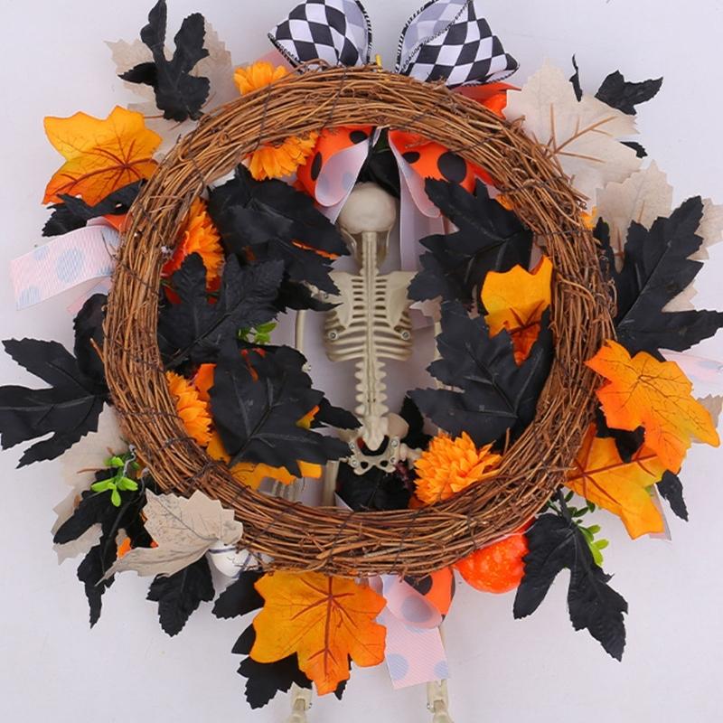 Realistic Faux Maple Leaf Pumpkins Skull Branch Wreath Durability Waterproof Halloween Autumn Home Outdoor Decors