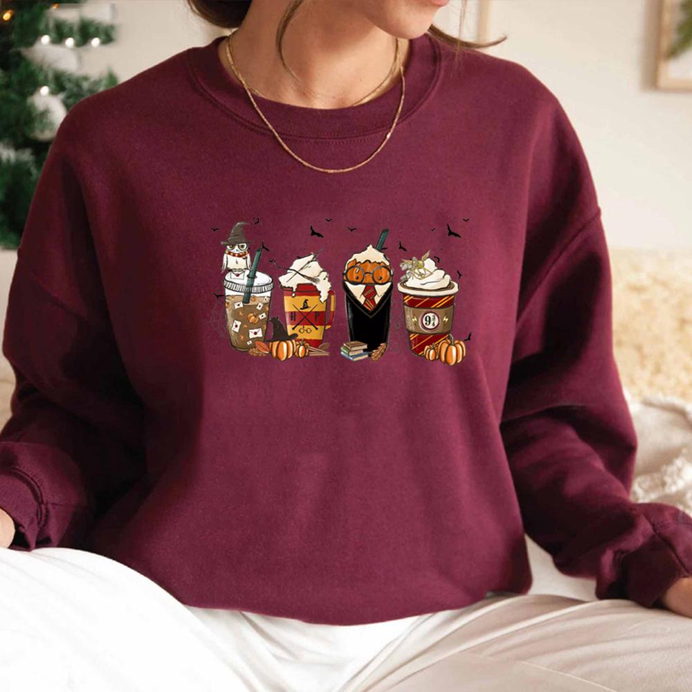 Latte Coffee Halloween Witch School Sweatshirt Fall Coffee Pumpkin Hoodies Retro Halloween Sweatshirt Vintage Halloween Gift Top