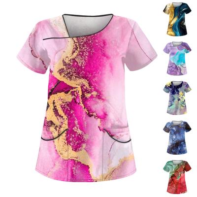 Women's Fashion Printed Uniform Overalls Slanted Collar Double Pocket T-Shirt Short Sleeve Top