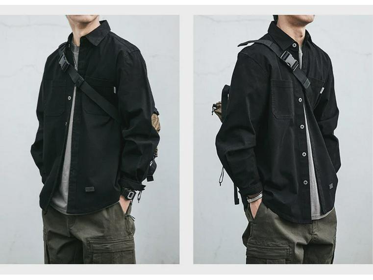 Men's Japanese Retro Long Sleeve Work Shirt - Korean Style Trendy Loose Fit with Pocket