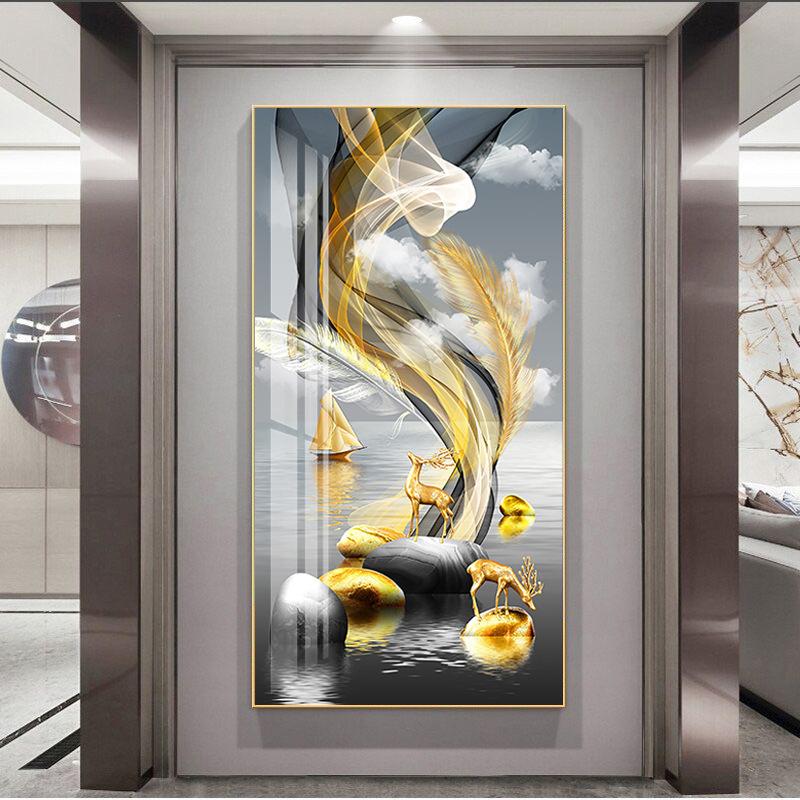 Modern Golden Rich Tree Canvas Painting Wall Art New Chinese Gold Deer Zen Stone Posters for Porch Wall Decoration Room Decor
