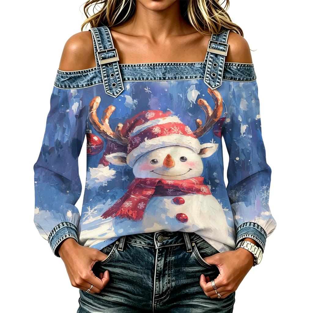 Women's Casual Off-Shoulder Long Sleeve Christmas Print Top for Holiday Parties