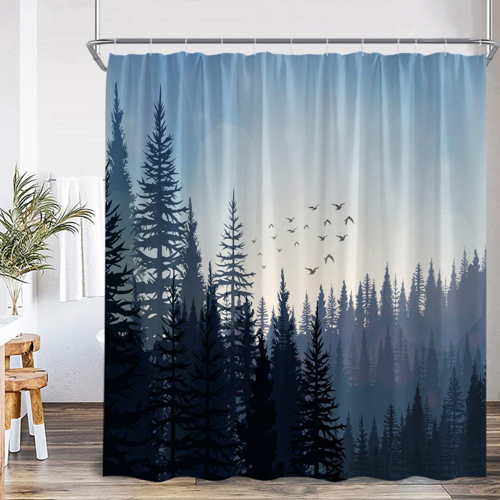 Misty Forest Shower Curtain Foggy Woodland Cloud Pine Tree Nature Nordic Bathroom Decor Modern Minimalist Bath Curtain with Hook