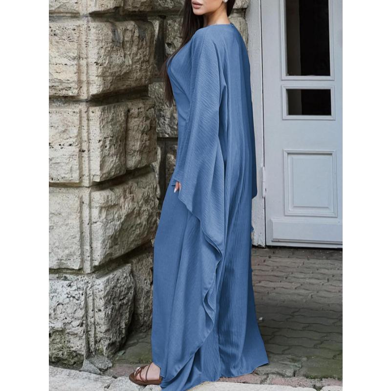 Round Neck Wide Flare Sleeve Satin Textured Maxi Dress Elegant Loose Fit Fall Winter Modest Abaya Style Evening Wedding Guest Floor Length Long Gown