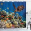 Ocean Turtle Shower Curtain with Hooks – Hawksbill Sea Turtle, Colorful Fish & Coral Reefs, Orange Brown Underwater Decor