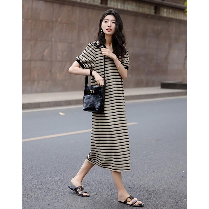 Demana Women's Summer V-Neck Striped Puff Sleeve Knit Dress