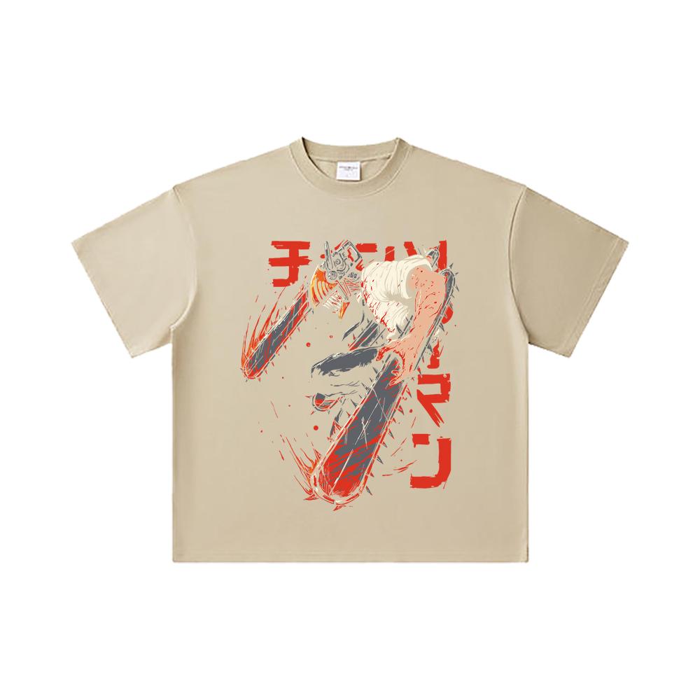 260 GSM Doppelgarn 32er Zählung 100% Baumwolle Chainsaw Man V21 Denji Druck Unisex Schweres Baumwoll-T-Shirt