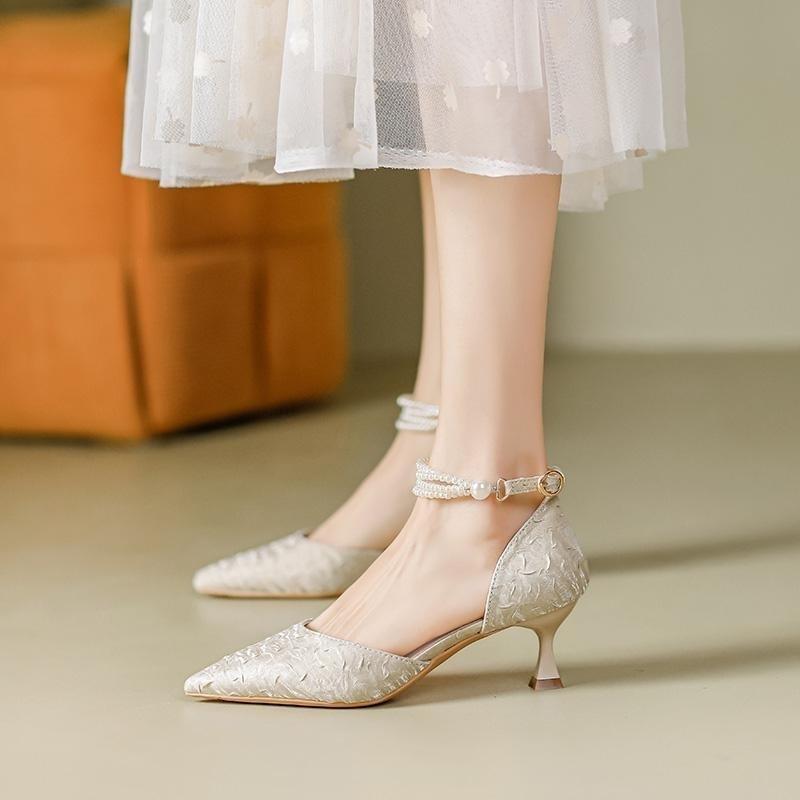 Fashion Sexy French Pointy Toe High Heels Women's Pearl Ankle Strap Sandals Ladies Elegant Wedding Party Bride Dress Designer Shoes