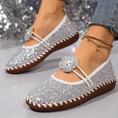 Women's Silver Shiny Sequin Decor Flats Summer Soft Sole Non Slip Casual Shoes Woman Plus Size Comfort Light Platform Loafers