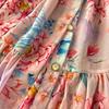Spring Autumn Vintage Hydrangea Print  Long Sleeve Short Dress for Women Fashion Stand Collar Belt Slimming Ruffles Splice Mini Dress