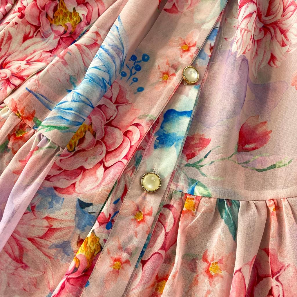 Spring Autumn Vintage Hydrangea Print  Long Sleeve Short Dress for Women Fashion Stand Collar Belt Slimming Ruffles Splice Mini Dress