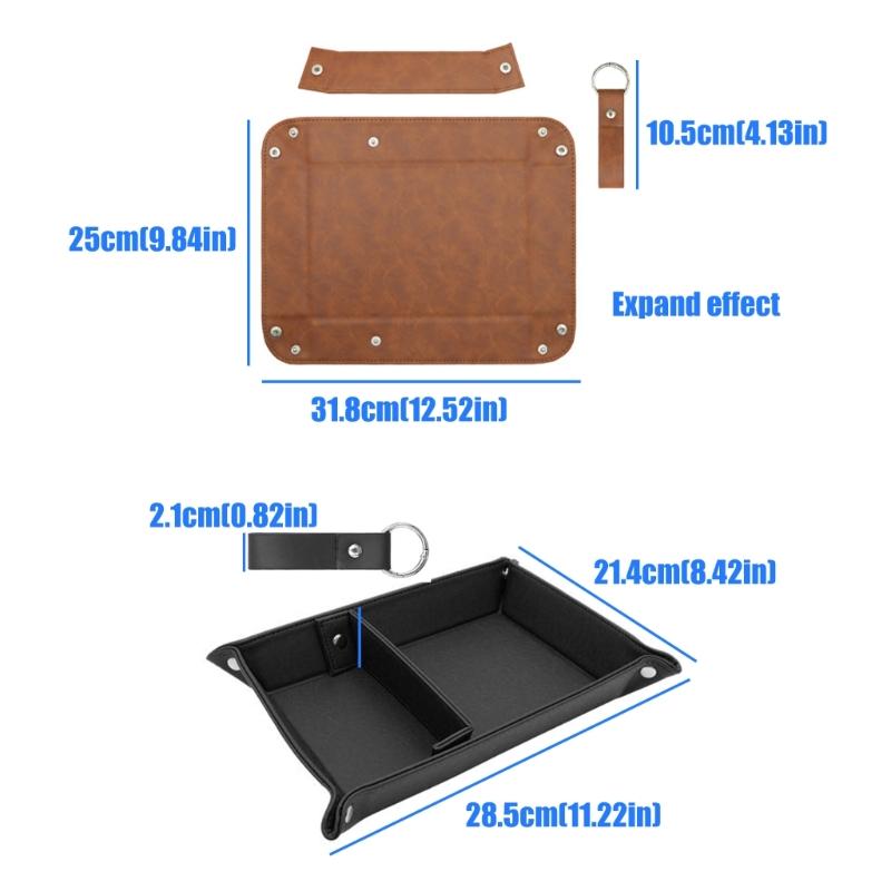 Sectioned Catchall Tray in PU Leather, Snap-Open Storage Design with Stitched Edging and Key Loop for Dresser Use