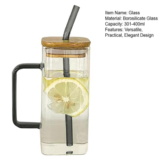 Square Glass Tumbler with Handle And Lid 380ml Transparent Coffee Cup Portable Tea Milk Jar for Hot Cold Drinks