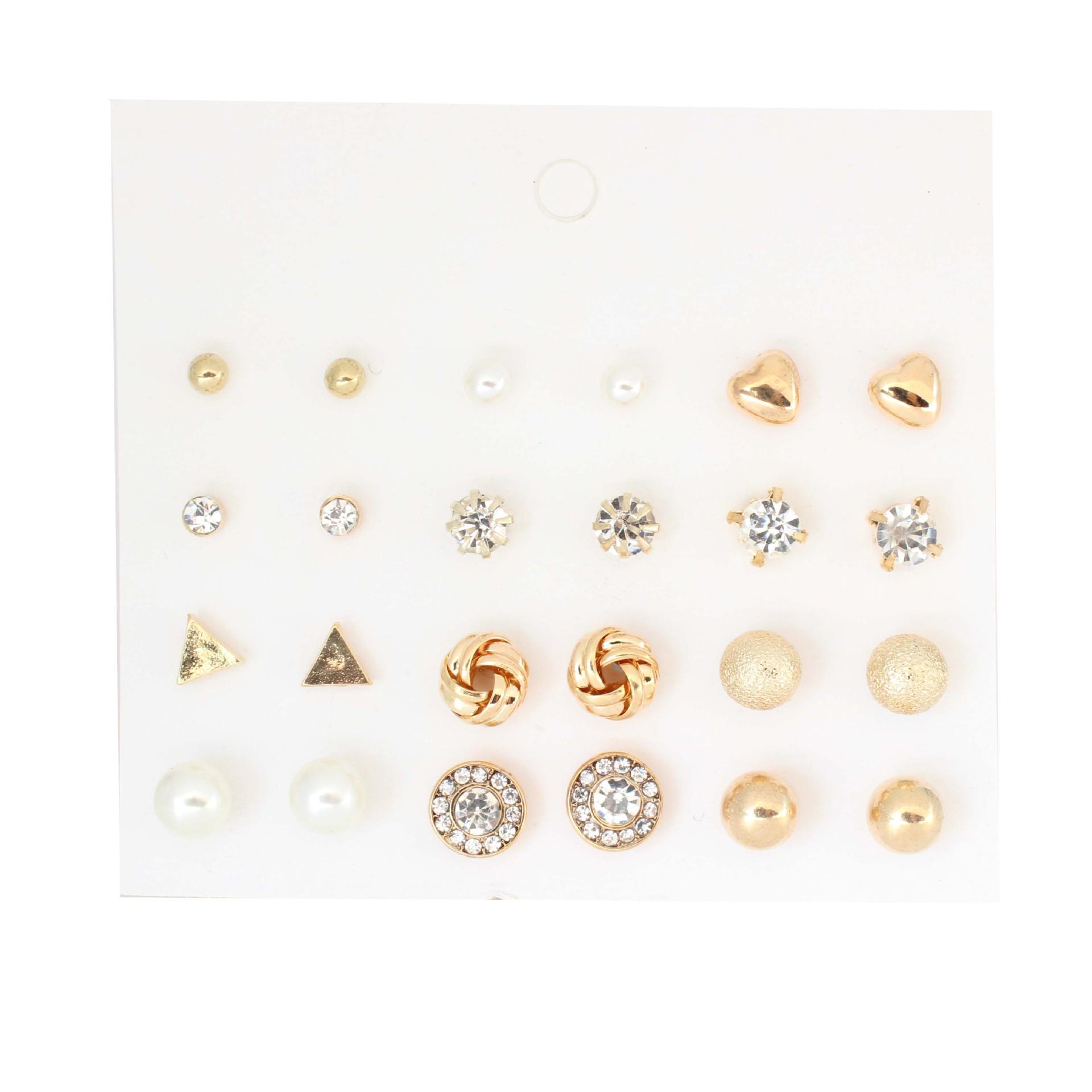 Heart Crystal Zirconia  Frosted Ball Pearl Stud Earrings Set - 12 Pairs