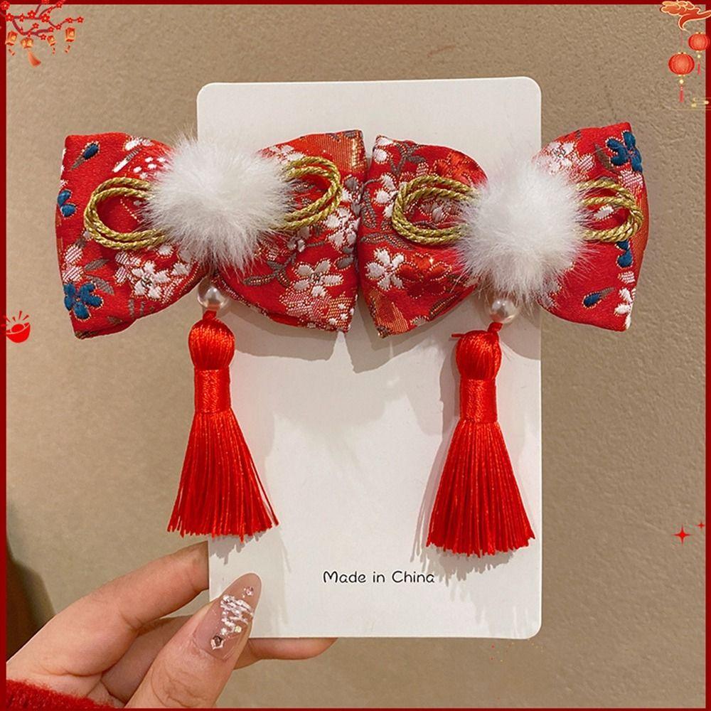 Tassel Children Red Bow Hairpin Plush Ancient Style Hairpin Lovely Chinese New Year Headwear Girls