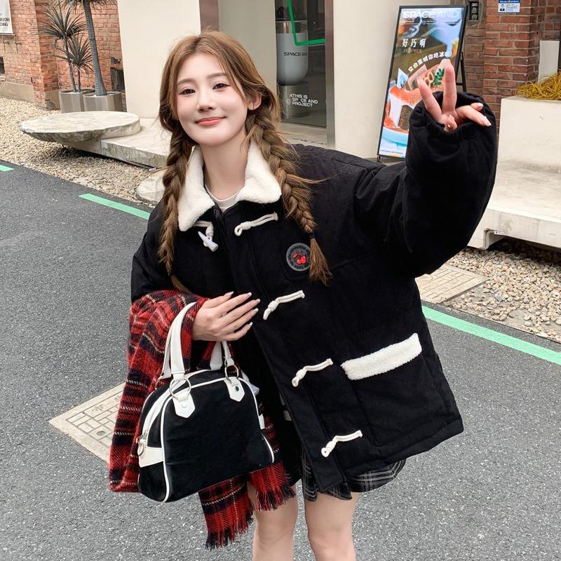 

Женская короткая свободная куртка с лацканами в полоску, на хлопковой подкладке, новая вельветовая хлопковая куртка на зиму с пуговицами-рожками XL чёрный