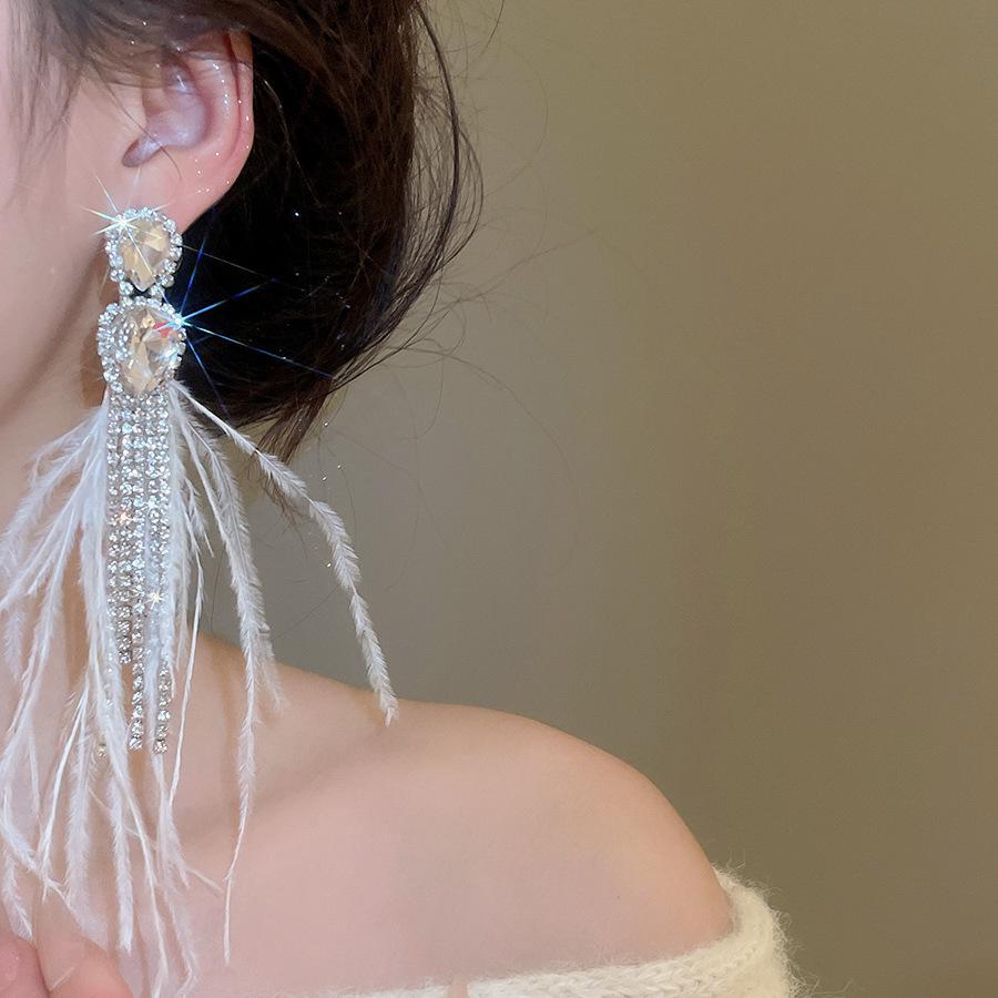 Silberne Strass-Inlay Wassertropfen Feder Quaste Ohrstecker, Glänzende Fee Koreanischer Stil Ohrschmuck für Damen.