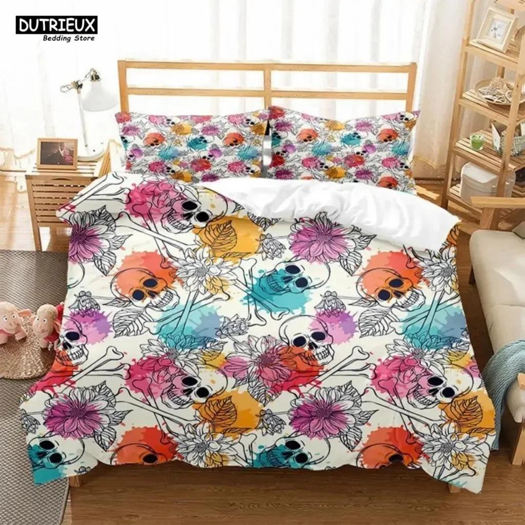 Skeleton Skull Bedding Set Queen King Full Size Duvet Cover Set With Pillowcases Rose Flower Bed Linen For Adults Teens