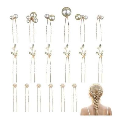 18 Piece Pearl Hair Pins with Stones, U-Shaped Hair Accessories for Everyday Wear, Kimono, Photoshoots, Weddings, Graduations, Coming-of-Age