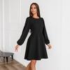 women's solid round neck puff long sleeve high waist a line mini dress with side pockets office casual swing gown