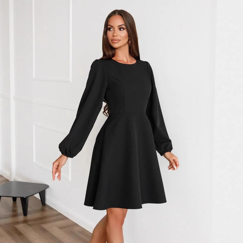 women's solid round neck puff long sleeve high waist a line mini dress with side pockets office casual swing gown